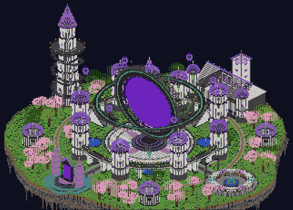 The spawn island: a floating island with a giant purple rift gate, white towers with amethyst domes and cherry trees, hanging in the night sky.