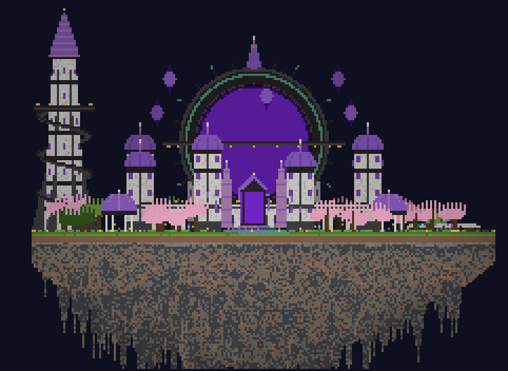 Side view of the spawn island: the rift gate and towers on top, a rocky underside with hanging stalactites.