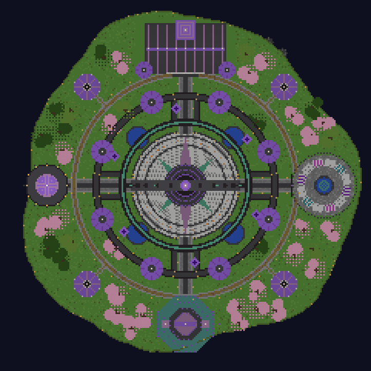 Top view of the spawn island: a round plaza with the rift gate in the centre, ringed by towers, paths and cherry trees.